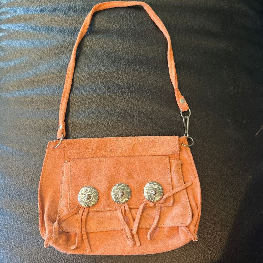 Vintage 1970s Peach Pink Suede Leather Purse Bag Tassles Boho Chic Hippie Spring